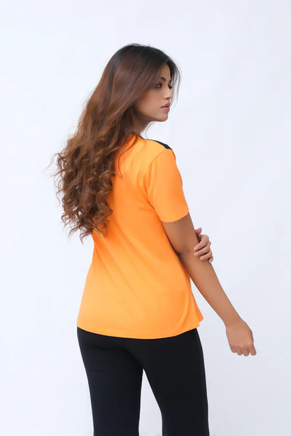 Women’s orange color-block short-sleeve T-shirt with white and black panels