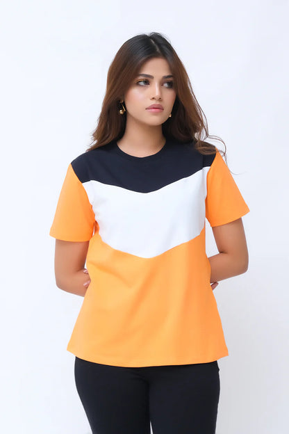Women’s color-block T-shirt with orange sides, white chest, and black yoke