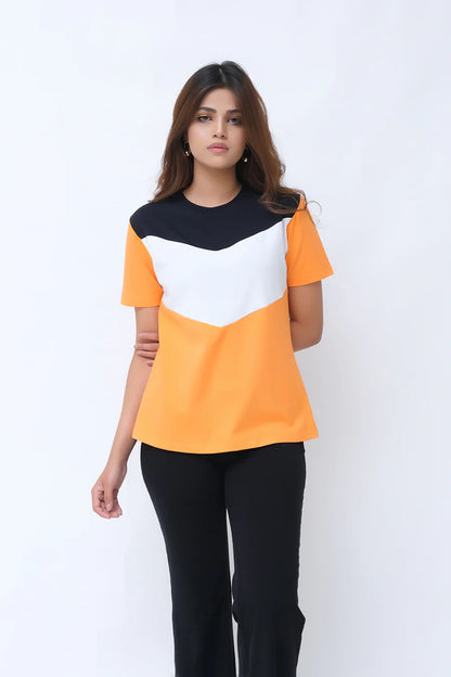 Women’s color-block short-sleeve T-shirt in orange, white, and black