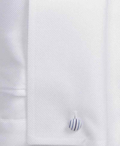 White fitted dress shirt close-up of fabric texture and button