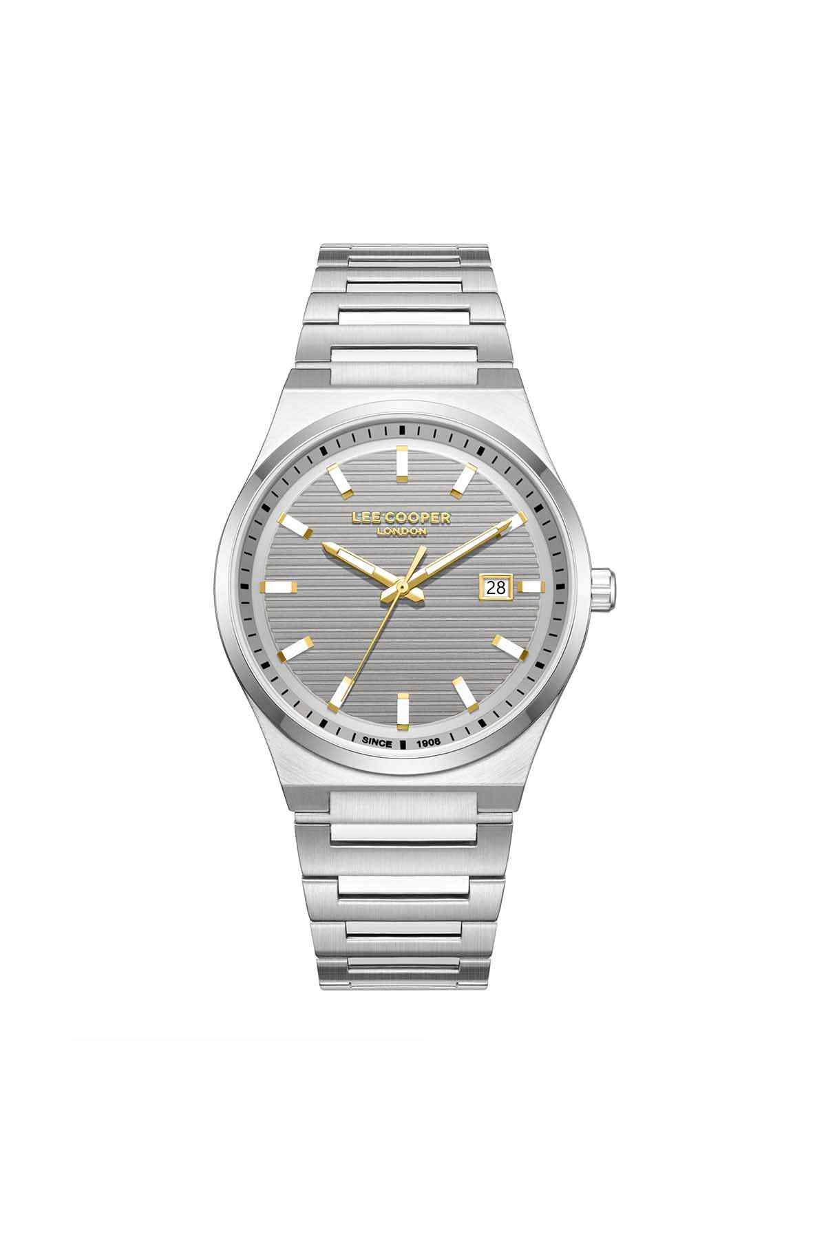 Lee Cooper watch, silver stainless steel with gold hands, hour markers, and date window