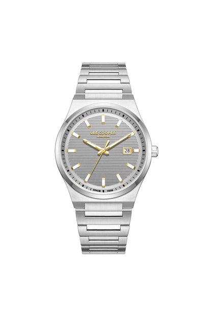 Lee Cooper watch, silver stainless steel with gold hands, hour markers, and date window