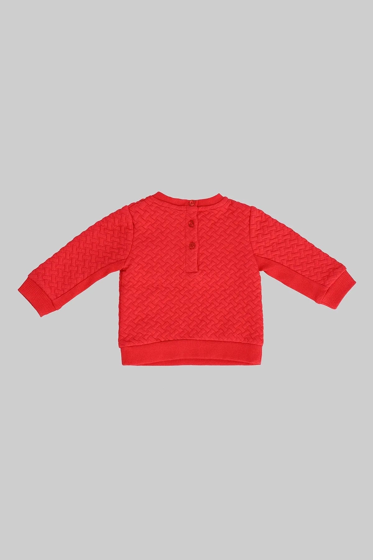 Red textured knit baby sweatshirt with center button placket, long sleeves