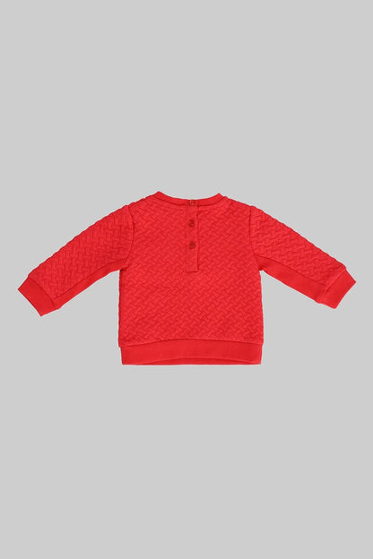 Red textured knit baby sweatshirt with center button placket, long sleeves