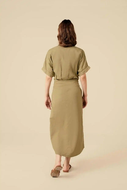 Olive belted shirt dress, back view with waist tie and short sleeves