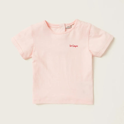 Light pink short-sleeve baby T-shirt with small red logo on chest