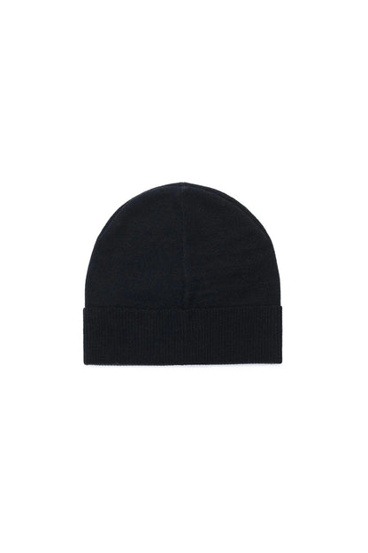 Black knit beanie with simple dome top and ribbed fold-up cuff.