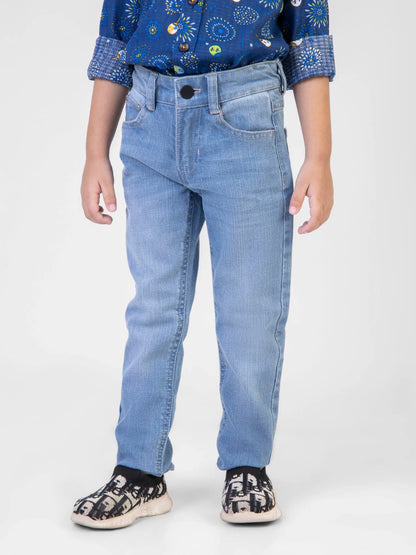 Brumano blue denim jeans with button fly, belt loops, and front pockets