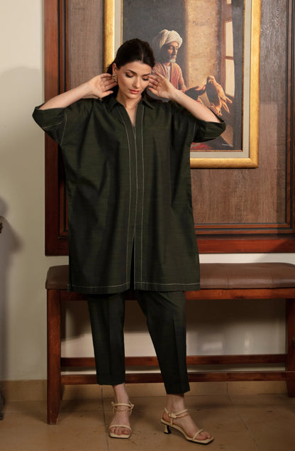 Green velour tunic and pants outfit, V-neck with stitched trim and mid-calf length