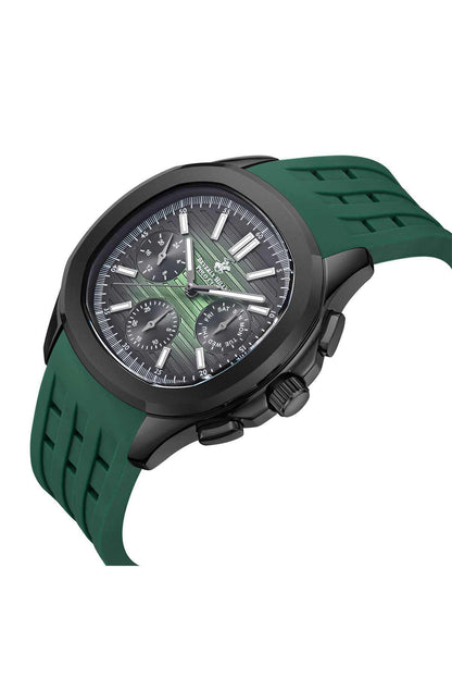 Dark green sports watch with black case, multi-dial chronograph face