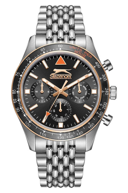 SLAZENGER silver wristwatch, black dial with orange markers, three subdials, metal bracelet