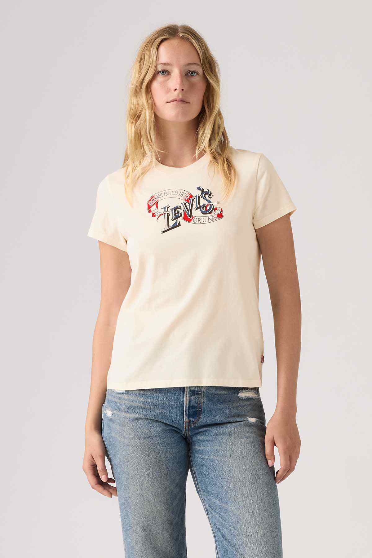 Levi's women's cream graphic T-shirt with front logo print, crew neck