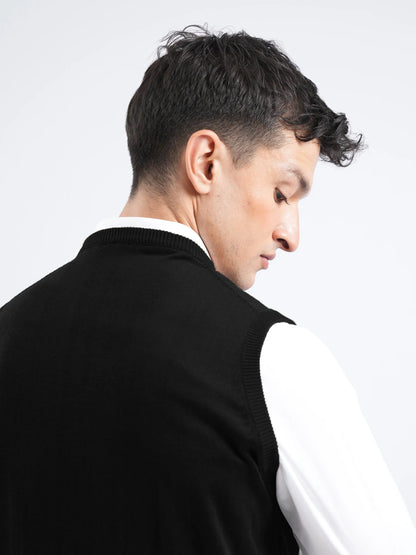 Brumano black sleeveless cotton vest with ribbed V-neck trim