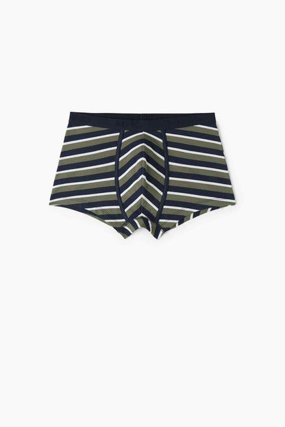 Striped boxer briefs in navy with khaki and white chevron bands, elastic waistband