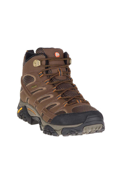 Merrell lace-up hiking boot in brown and dark navy with orange accents, mid-top.
