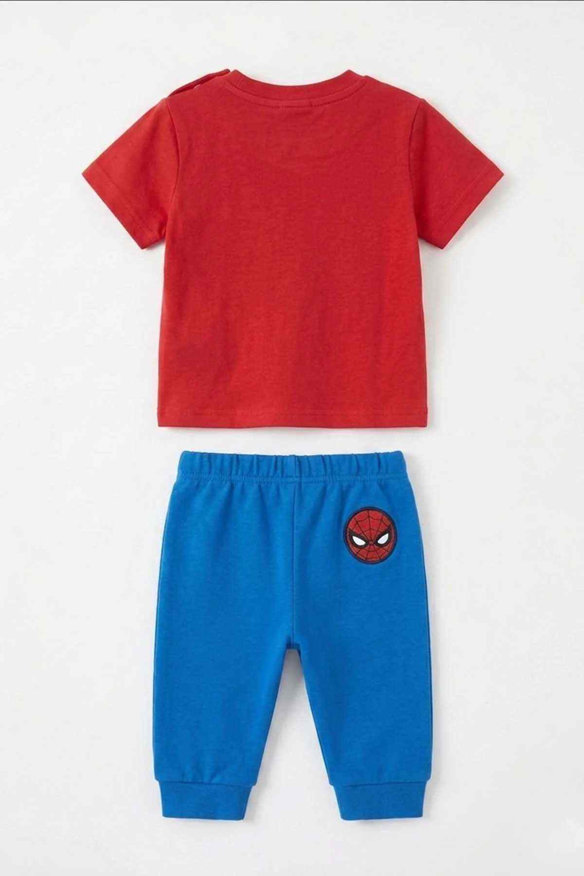 BABYSHOP red T-shirt and blue jogger pants set with Spider-Man emblem