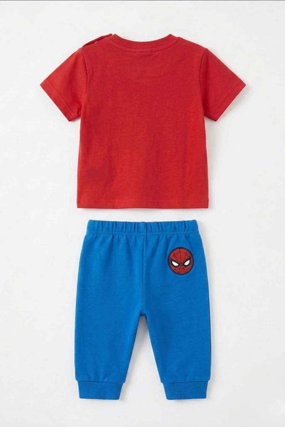 BABYSHOP red T-shirt and blue jogger pants set with Spider-Man emblem