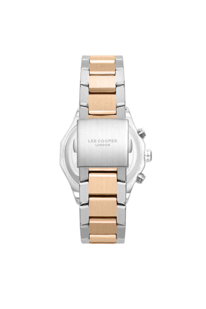 Lee Cooper wristwatch with silver case and rose-gold center links, front dial details