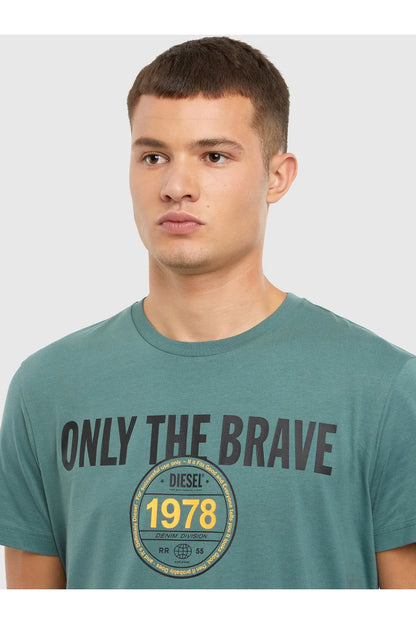 Sea green men’s T-shirt with “ONLY THE BRAVE” front graphic and 1978 badge