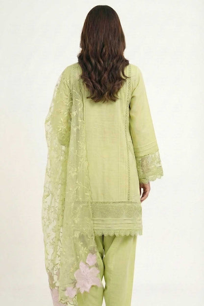Light green embroidered kurta set, back view with lace hem and matching pants
