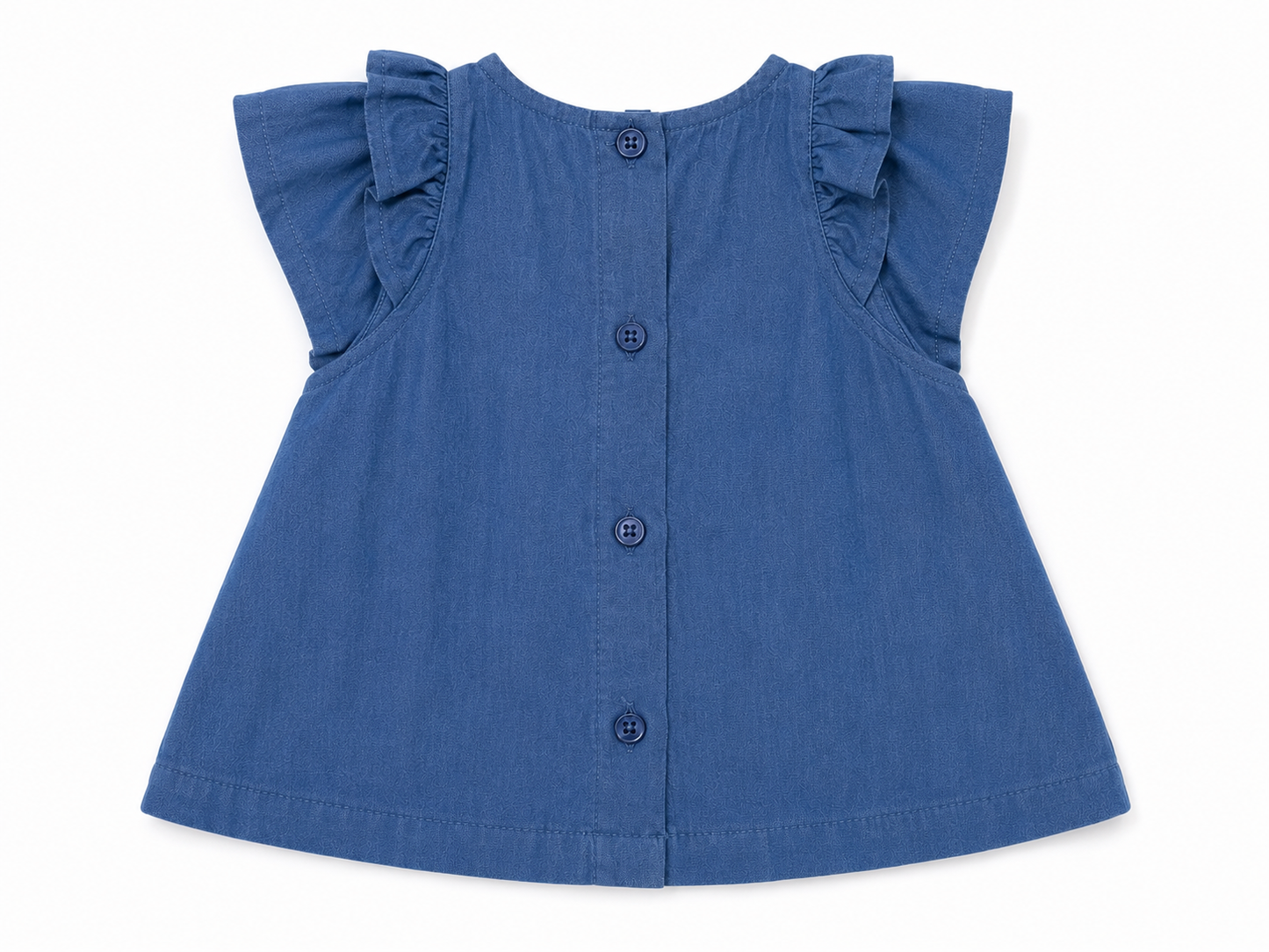 Blue denim baby dress with cap sleeves, ruffled shoulders, and button front