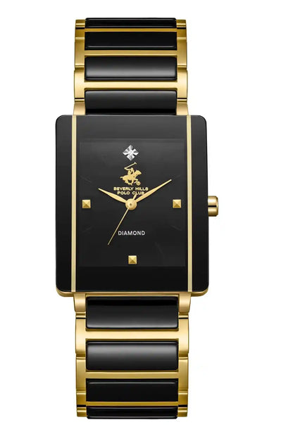 Gold and black rectangular watch with black dial, Diamond text, and gold hands