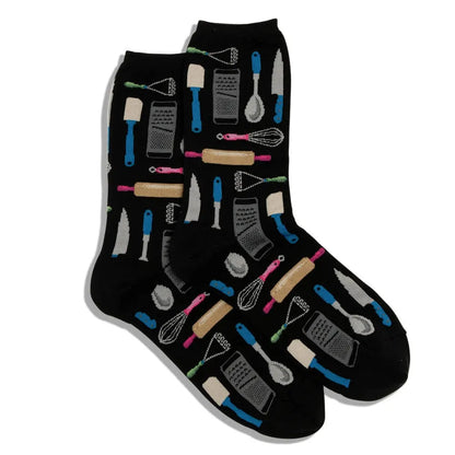 Black crew socks with colorful cooking utensil pattern and small graphic icons.