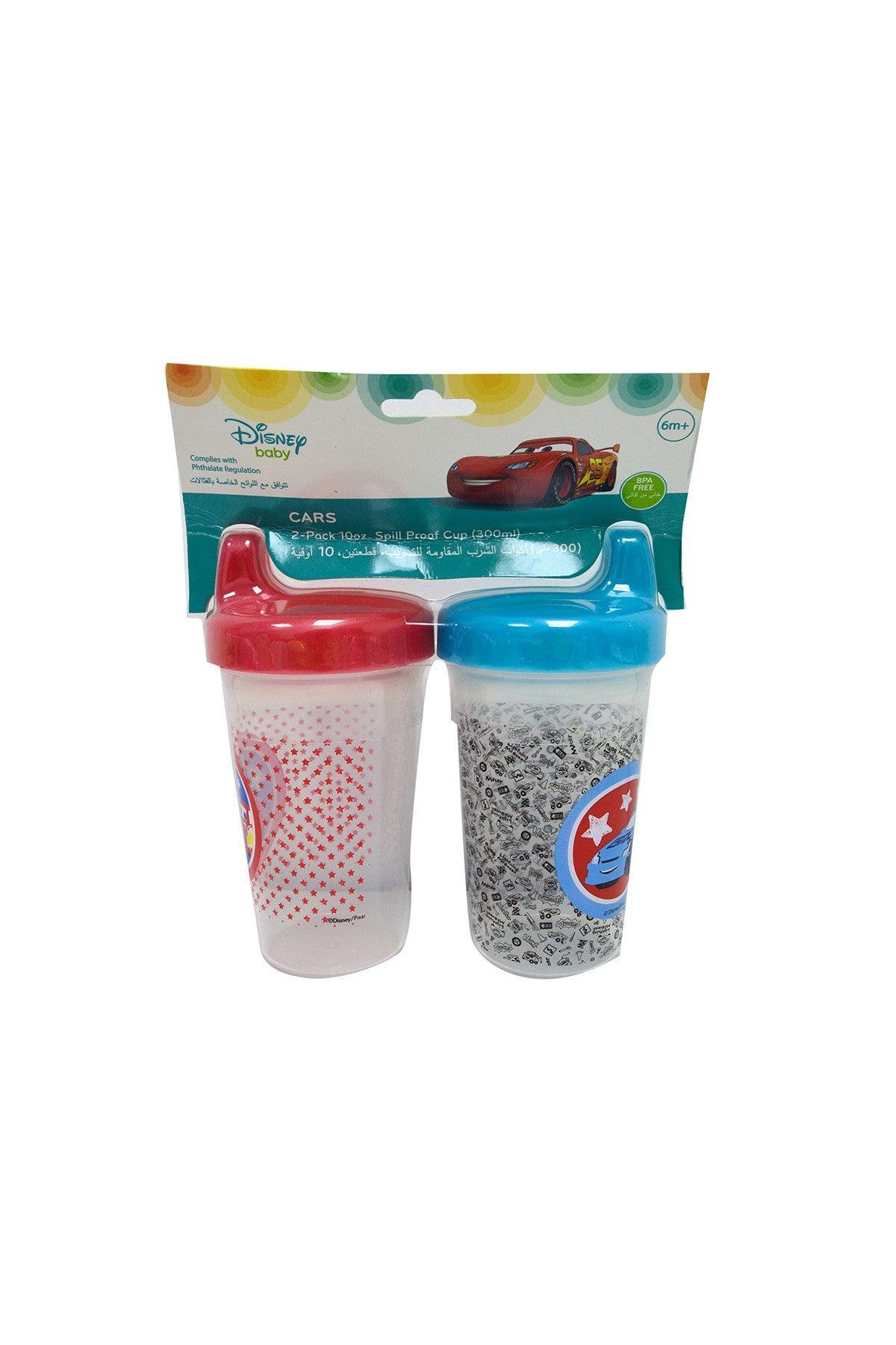 Disney 2-pack baby sippy cups, red and blue lids, white and gray speckled cups