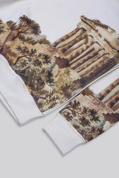 Off-white sweatshirt with temple landscape print on sleeve and cuff detail