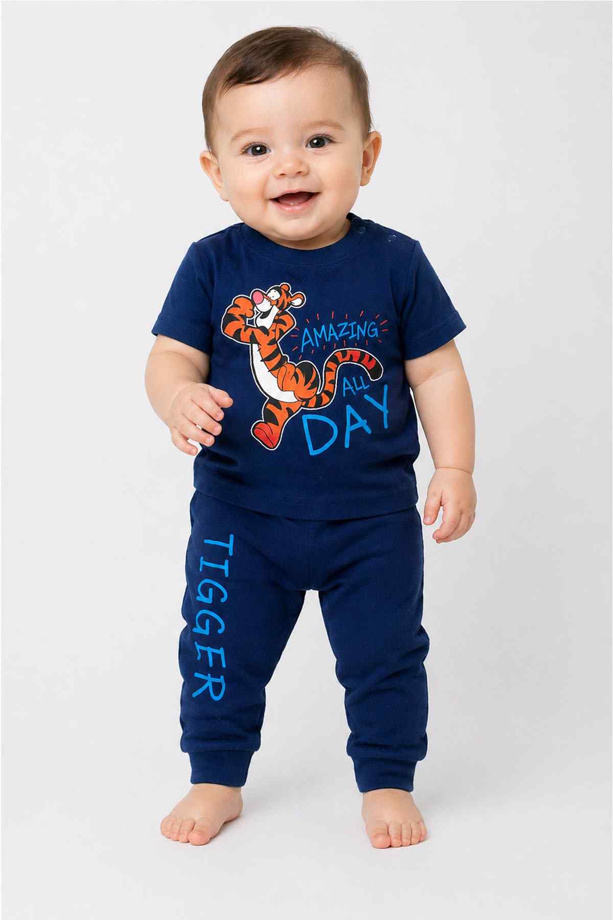 Navy baby T-shirt and jogger set with tiger graphic, cuffed pant legs