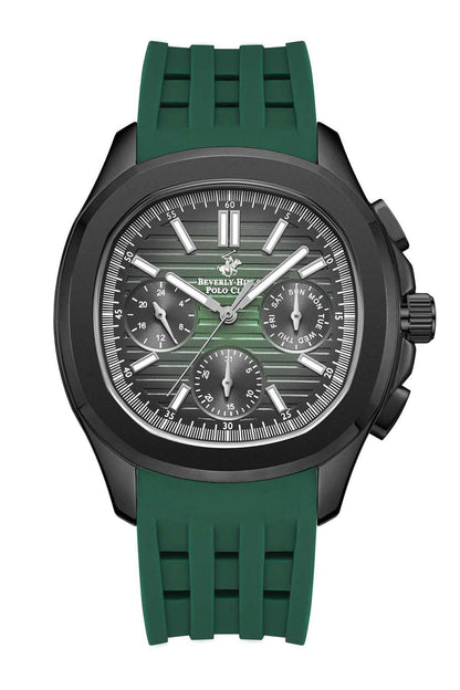 BHPC men's chronograph watch with dark green silicone strap, black round bezel