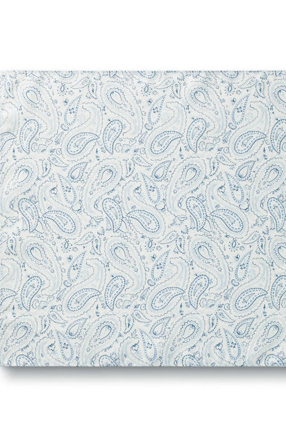 Light blue paisley pocket square with repeating paisley design, flat view