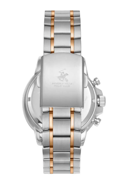 Back of two-tone steel wristwatch with rose-gold stripe bracelet links