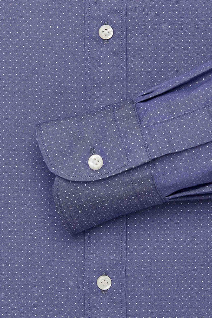 Navy dress shirt with small dotted pattern, pocket detail, and white buttons