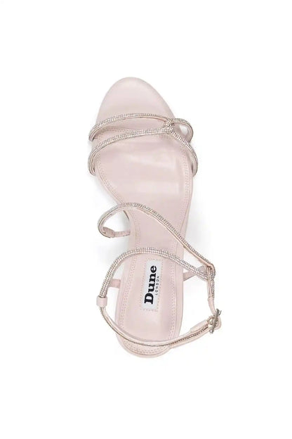 Ecru heeled sandal with rhinestone ankle strap, open toe, and Dune logo