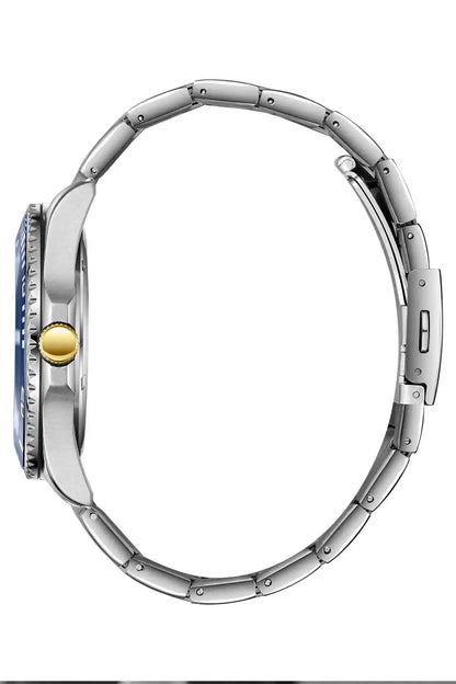 Wristwatch back view with silver case and link bracelet; gold crown detail.