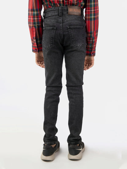 Charcoal gray denim jeans back view with yoke seam and patch pockets