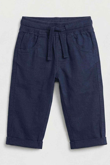 Navy baby pants, elastic waist with drawstring, side pockets and cuffed hem