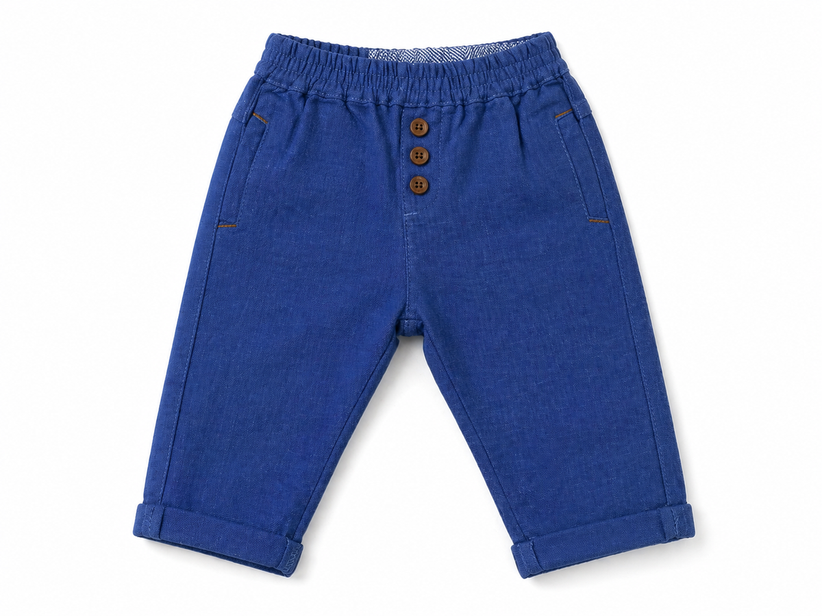 BABYSHOP blue denim-look baby pants, elastic waist, button placket, side pockets