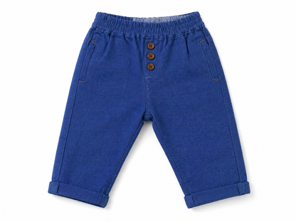 BABYSHOP blue denim-look baby pants, elastic waist, button placket, side pockets
