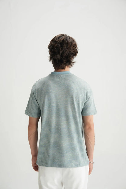 Men's light blue striped crewneck T-shirt, back view with short sleeves