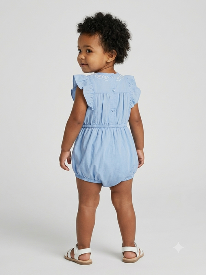 Light blue baby romper with flutter ruffled shoulders and gathered waist, front buttons