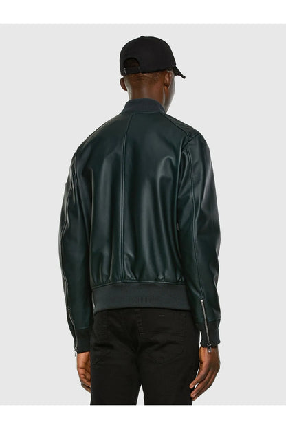 Dark green leather bomber jacket, back view with ribbed waistband and zip cuffs