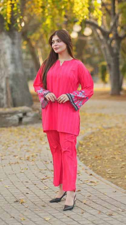Dhaga pink kurta pajama set with dark embroidered cuffs and matching pants