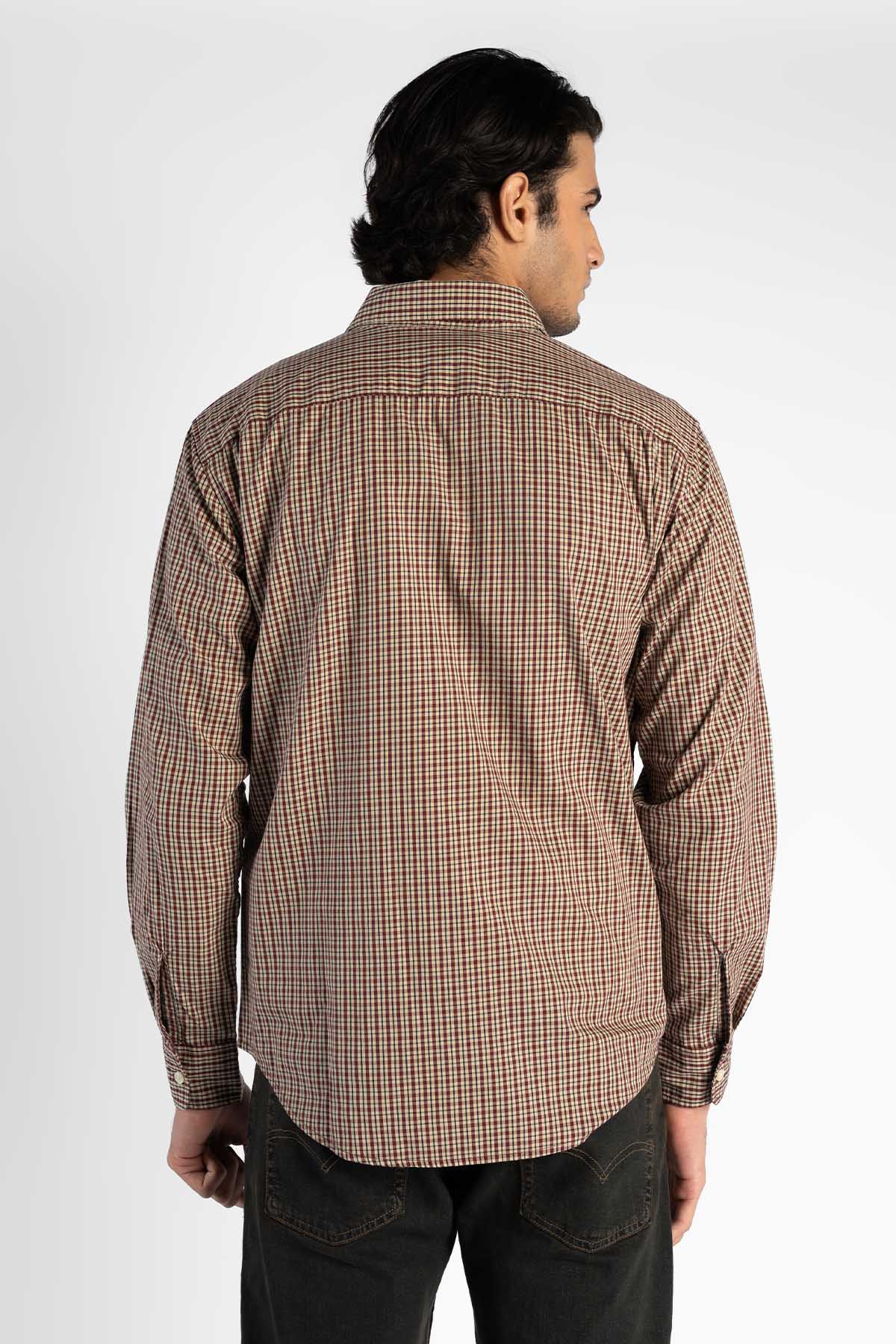 Levi's men's brown plaid button-up shirt, back view, long sleeves