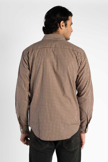 Levi's men's brown plaid button-up shirt, back view, long sleeves