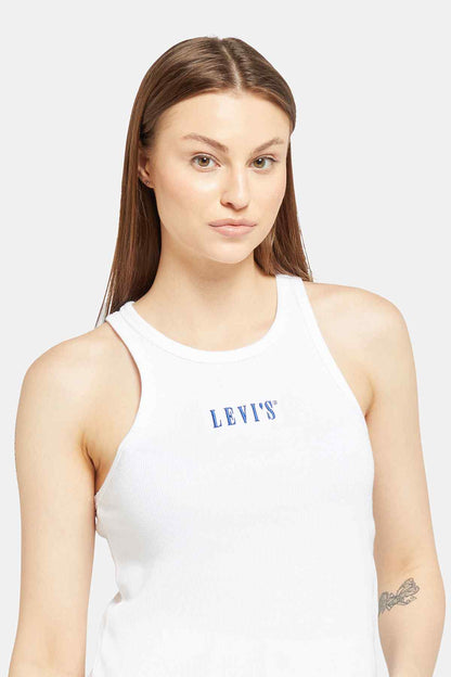 Levi's white sleeveless tank top with crew neck and blue logo on chest