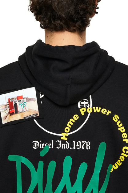 Black Diesel hoodie back view with yellow text and large green logo print