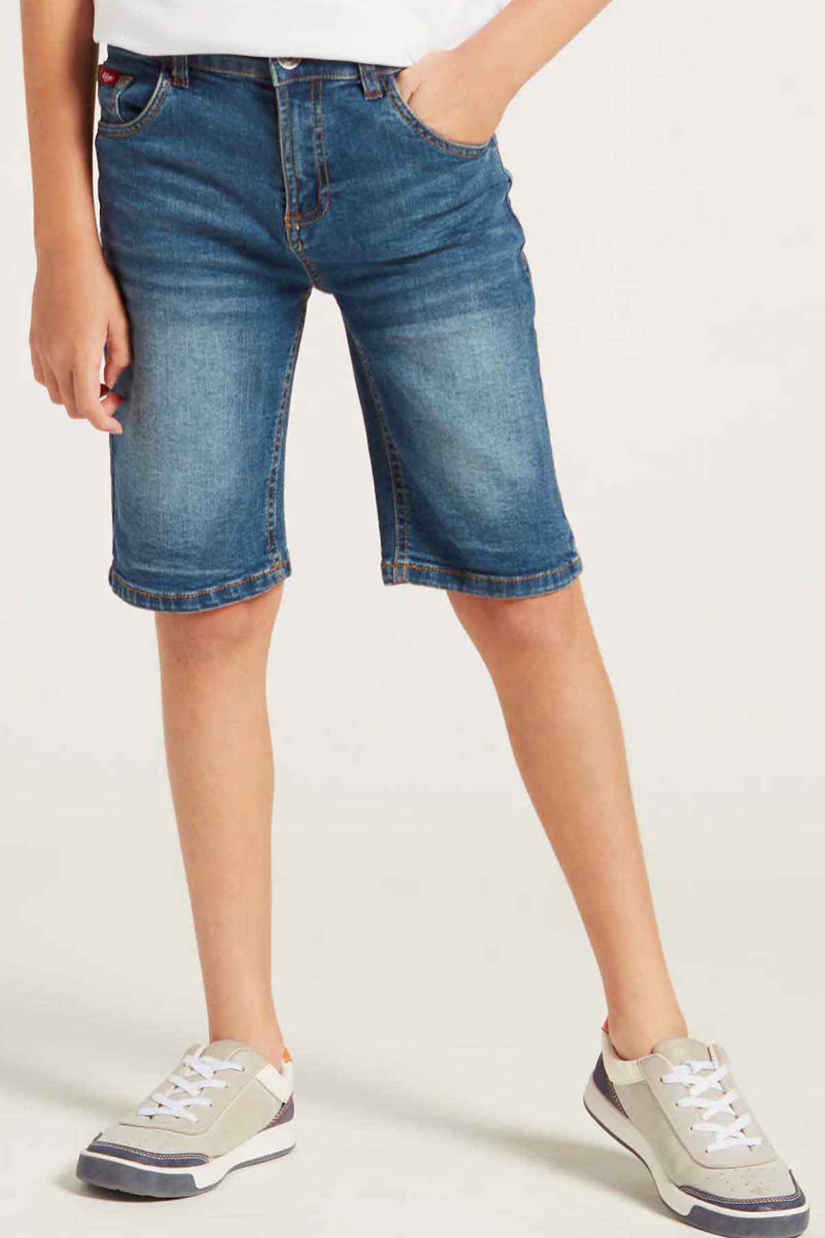 Blue denim shorts with front pockets, button closure, and cuffed hem