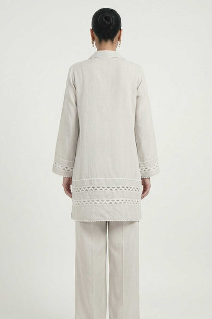Light grey back view long tunic with lace-trim cuffs and hem, matching trousers.